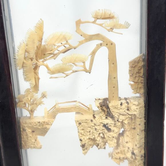 Vintage Asian Carved Cork Diorama Black Lacquer 4 Panel Mini Folding Screen - Picture 8 of 16